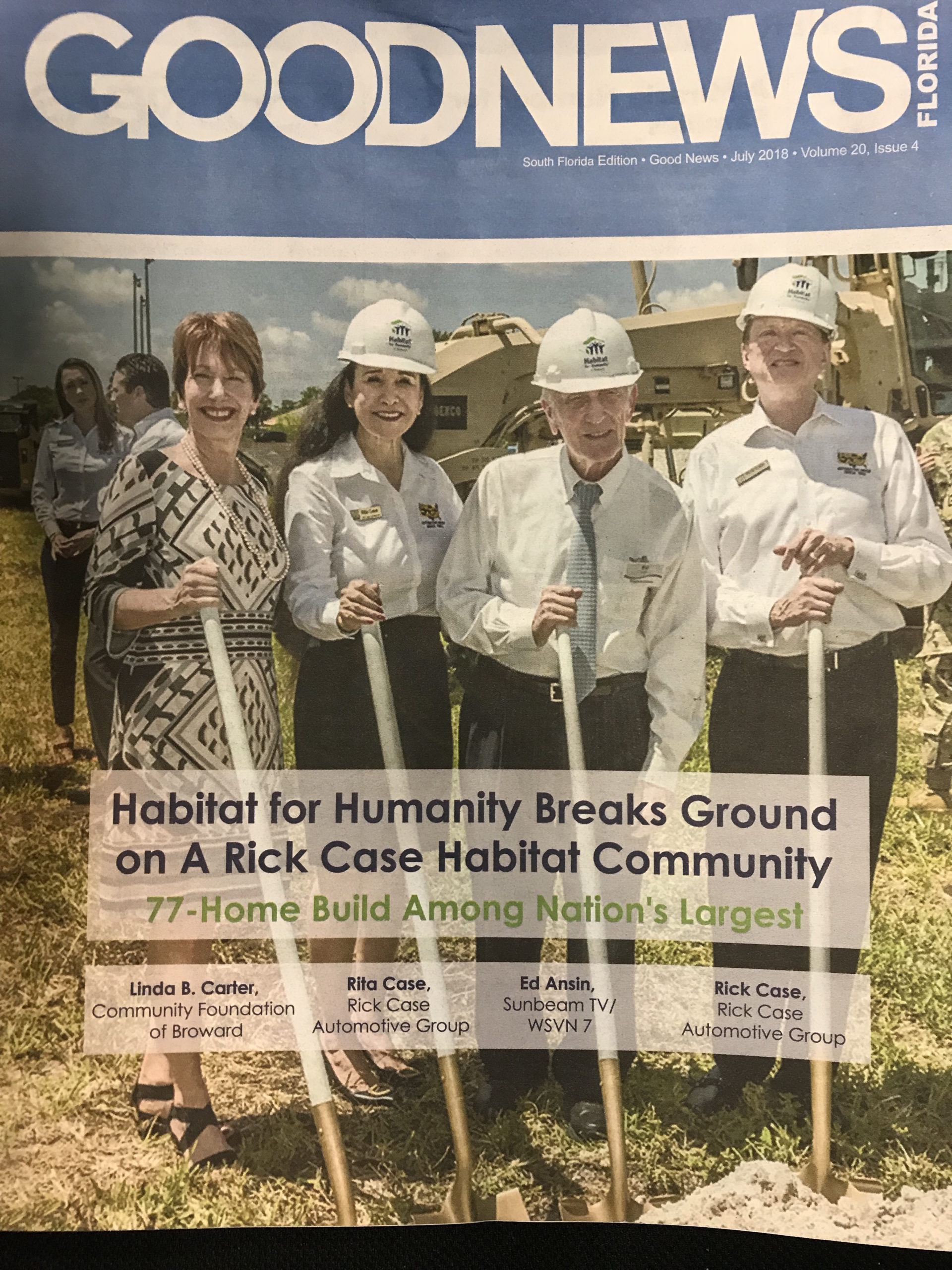 July Cover-Habitat 2018 image_Linda B Carter, Rita & Rick Case, Ed Ansin on cover of July 2018 edition Good News publication