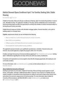 Habitat Broward Opens Enrollment April 7 for Families Seeking Safe, Stable Housing- The Good News Florida - April 8, 2025
